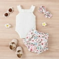 thumbnail image 4 of Youmylove Two Piece Girls Outfits Girls Sleeveless Ruffles Ribbed Romper Bodysuit Rainbow Floral Printed Shorts Headbands Outfits, 4 of 7