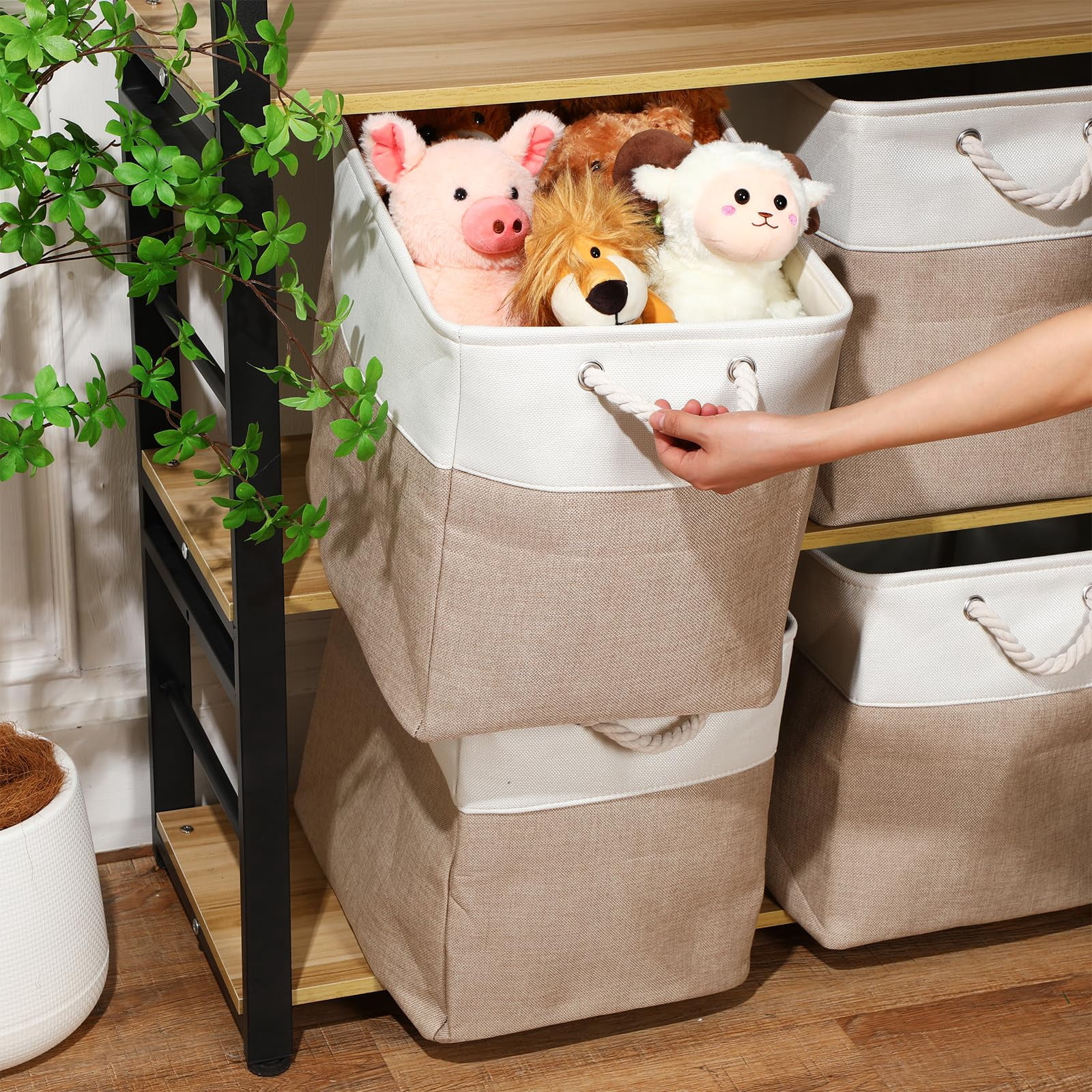 8 Pack Collapsible Storage Bins Fabric Storage Bins Polyester Fabric Baskets with Handles Linen Closet Organizer for Shelf Home Closet Towels Toys(12 x 12 x 12 in,Beige)