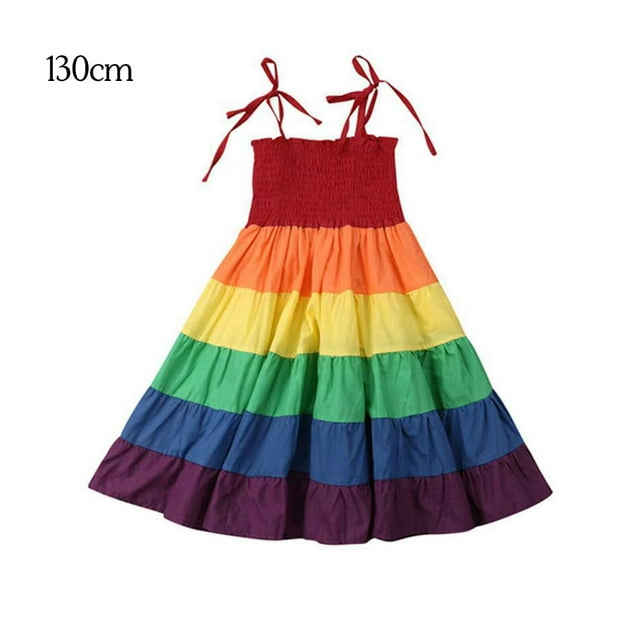 Robe Fille Arc-en-Ciel Vêtements d'Automne Enfants Robe Arc-en-Ciel Colorée Robe Longue en Coton, 130 cm