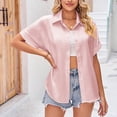 thumbnail image 2 of Women Short Sleeve Shirt Rolled Cuff Turn Down Collar Pure Color Button Closure Summer Satin Blouse, 2 of 6