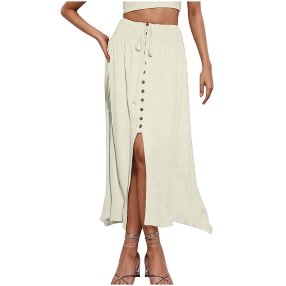 jtjvou Women's Elastic Tie Waist Button Down Maxi Skirts Casual Loose Fashion Flowy Swing Slit Front Long Skirts White S