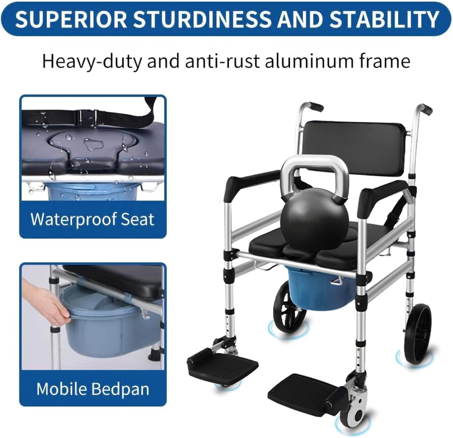 Eosprim Rolling Shower Chair with Handles Arms, Bedside Commode Chair with Wheel, Wheelchair for Elderly Disable,Heavy Duty Raised Toilet Seat Riser for Adults