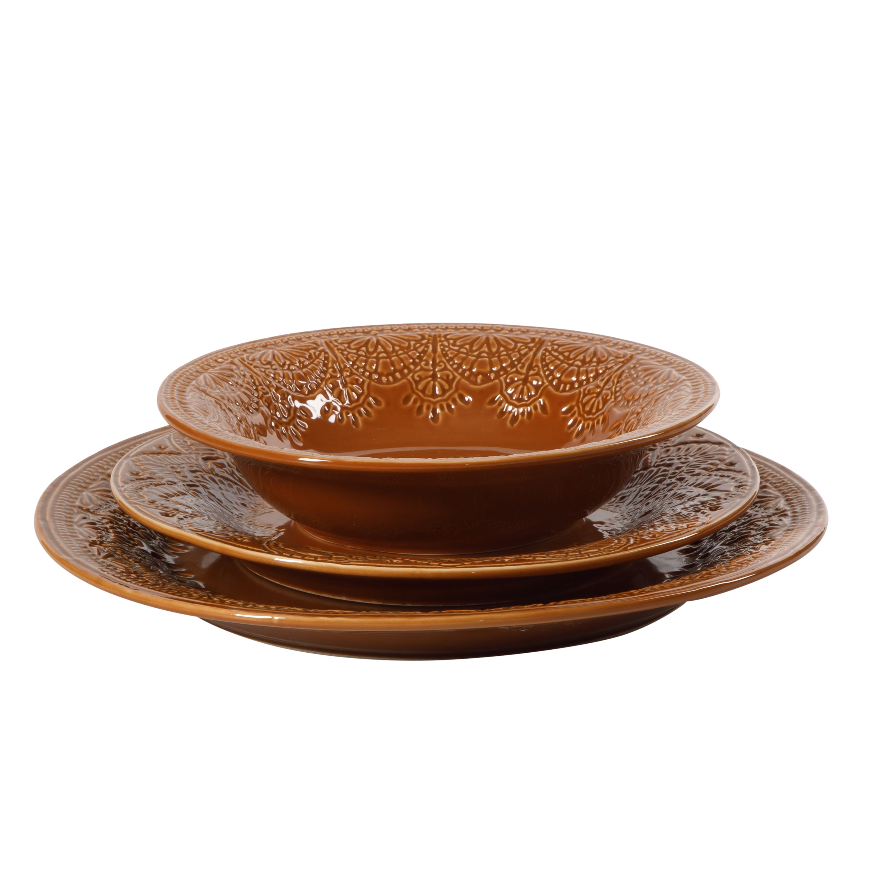 The Pioneer Woman Vintage Lace 12-Piece Ceramic Dinnerware Set, Caramel