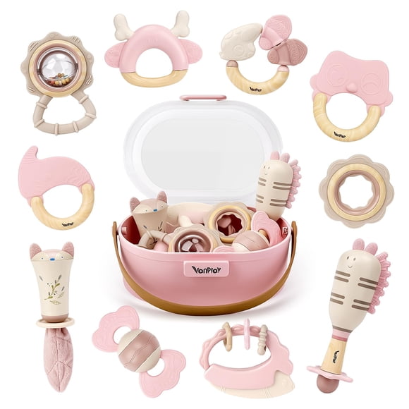 Set de 10 sonajeros y mordedores para bebé Vanplay, caja de almacenamiento rosa