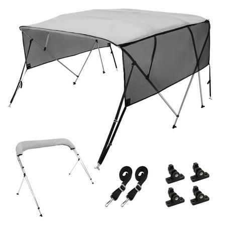 VEVOR 4 Bow Bimini Top Boat Cover, Detachable Mesh Sidewalls, 600D Polyester Canopy with 1" Aluminum Alloy Frame, Includes Storage Boot, 2 Straps, 2 Support Poles, 8'L x 54"H x 85"-90"W, Light Grey