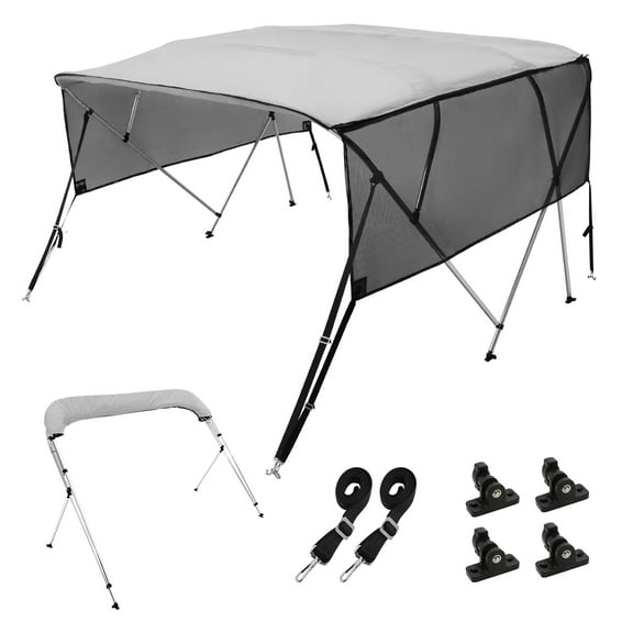 VEVOR 4 Bow Bimini Top Boat Cover, Detachable Mesh Sidewalls, 600D Polyester Canopy with 1" Aluminum Alloy Frame, Includes Storage Boot, 2 Straps, 2 Support Poles, 8'L x 54"H x 85"-90"W, Light Grey