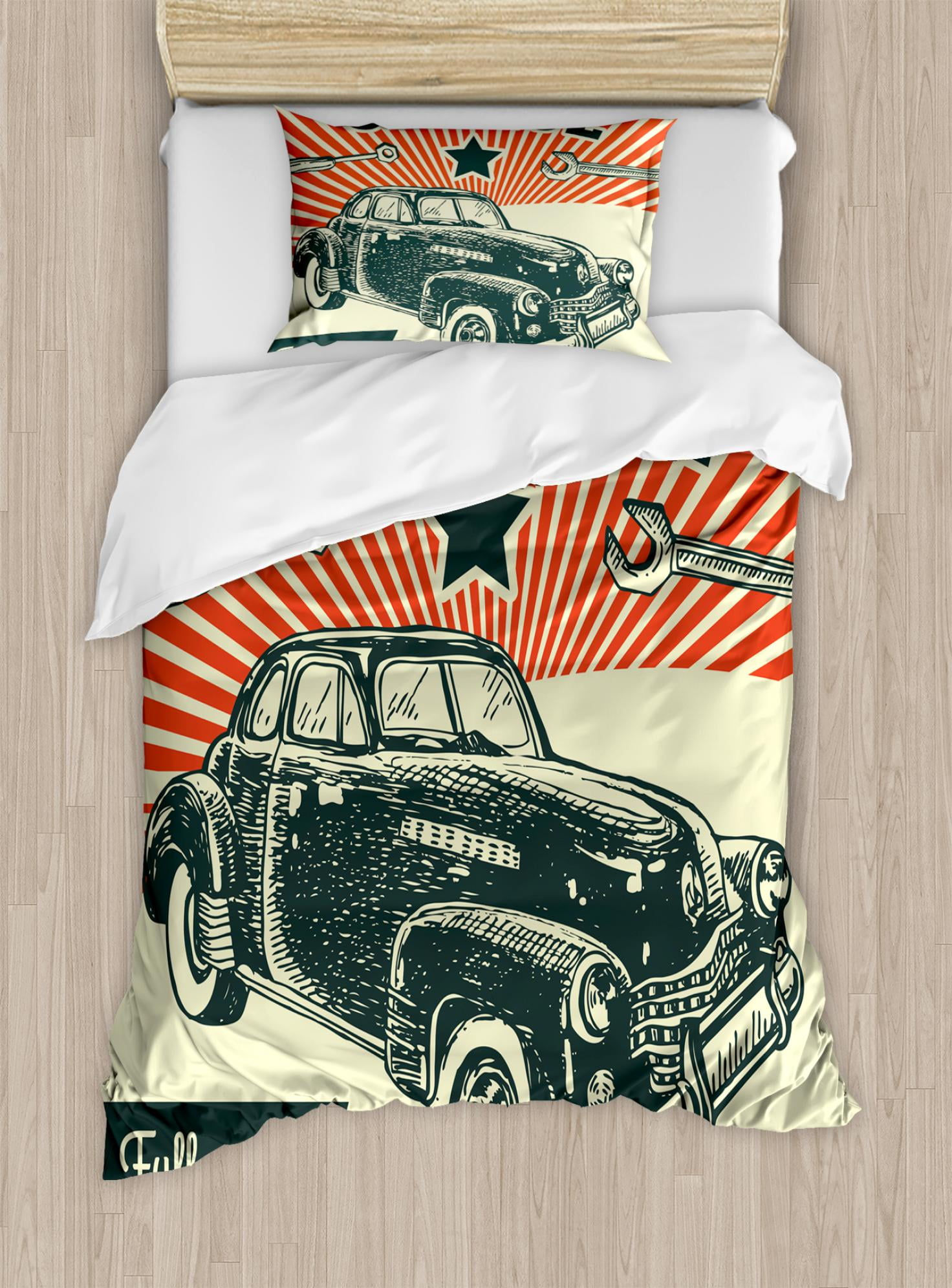 Cars Duvet Cover Set Retro Car And Garage Advertising Poster Style Cars Duvet Cover Set Retro Car And Garage Advertising Poster Style Picture With Grunge Effects 1960s Decorative Bedding Pillow Shams