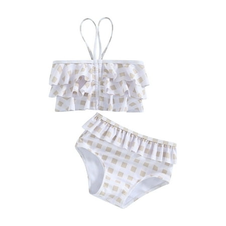 Suealasg Little Girls Swimsuits 2Pcs Set Kids Girls Summer Bikini Sets 2T 3T 4T 5T 6T 7T Plaid Print Crop Cami Tops +Ruffled Shorts Bathing Suit Beachwear