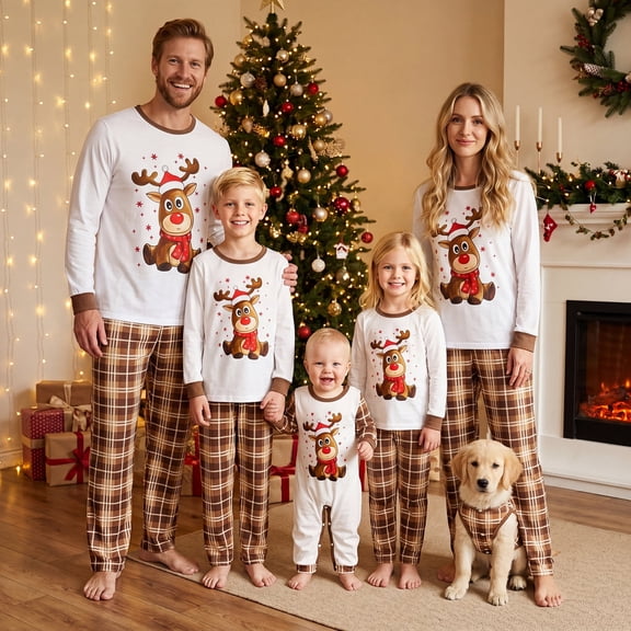 Nibbcoa Family Matching Pajamas Sets Long Sleeve Reindeer Printed Tops Plaid Pants