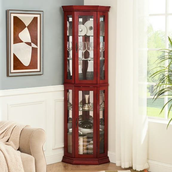 Stylish Cherry Storage Cabinet With Glass Shelves And Lighting Feature Elegant Corner Illuminated Showcase
