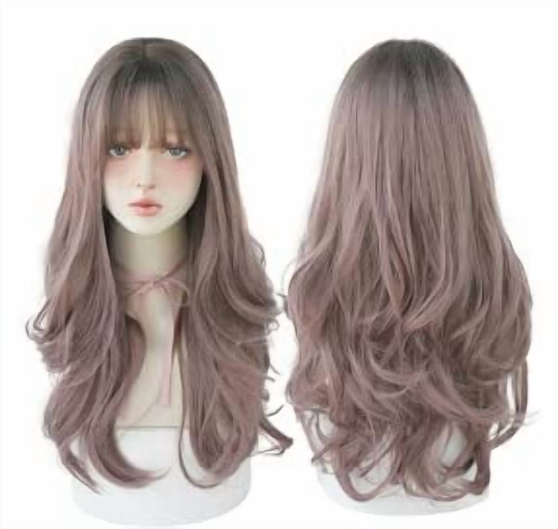 Chic Korean Fashion 26 Inch Long Wavy Curly Wig, Natural Heat-Resistant Synthetic Hair Wigs with Bands For Cosplay and Daily Wear (Pink Brown)