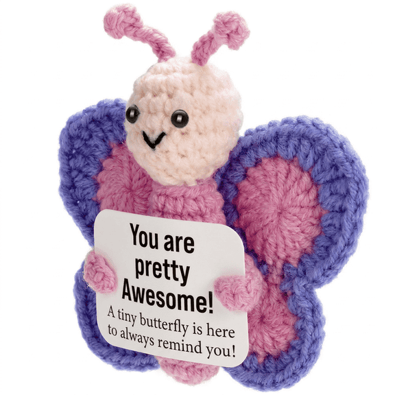 Handmade Crochet Butterfly Figurine, Soft Yarn Knick-Knack Tabletop Decor, Cute Handcrafted Shelf Display Keepsake for Home Office Desk & Holiday Gift