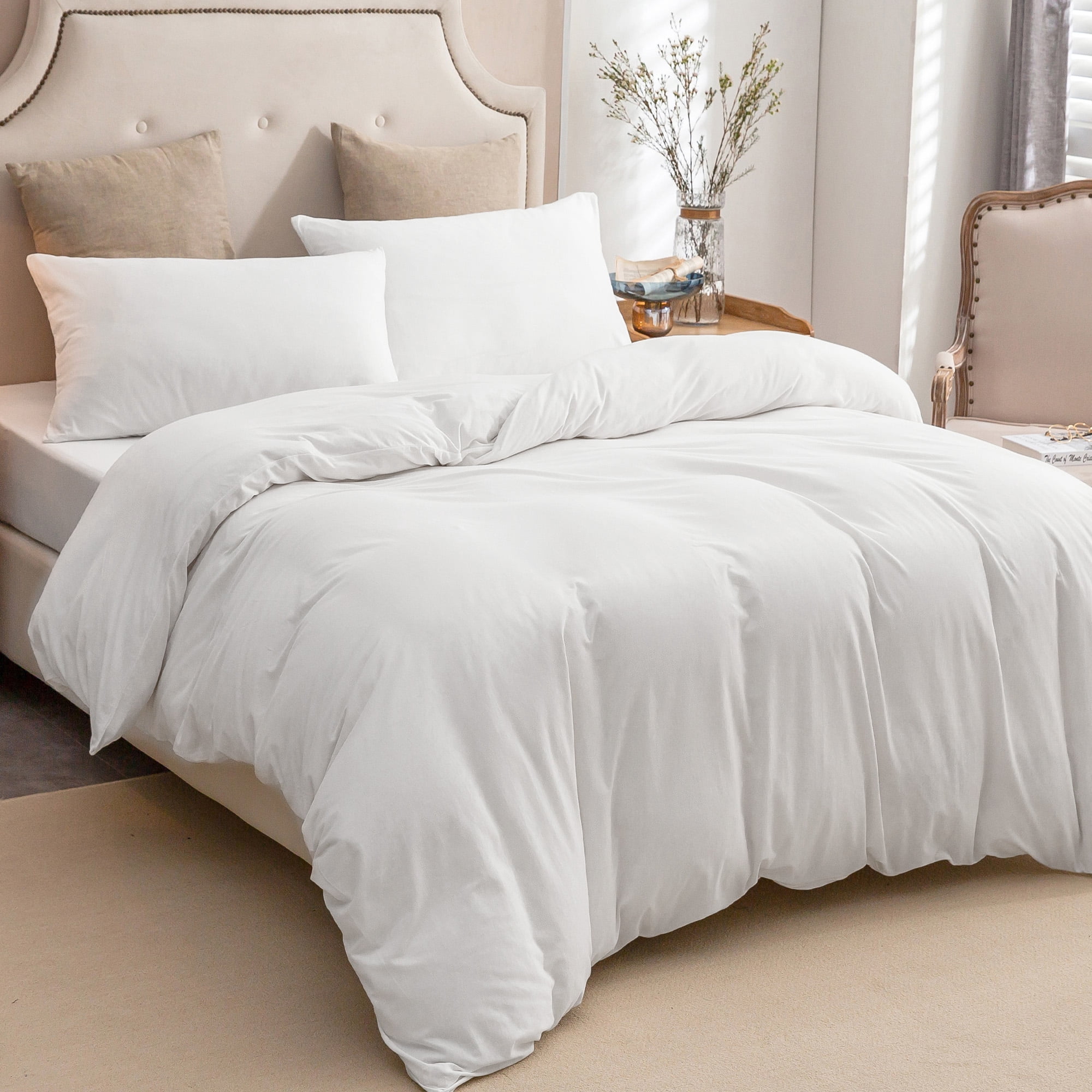 PURE ERA 3pc Duvet Cover Set-Jersey Cotton 100% T-Shirt Cotton-Ultra Soft Breathable -King Size,Bright White