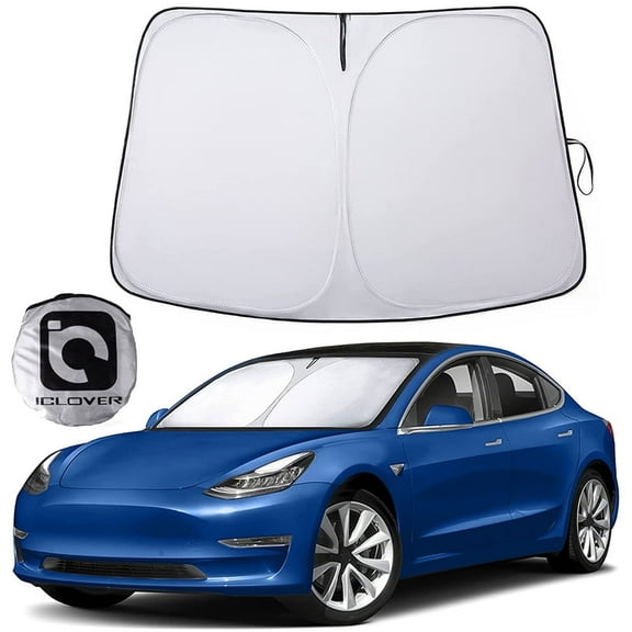 Car Windshield Sunshade for Tesla Model 3/Y, IC ICLOVER 240T Polyester Shield Front Auto Car Sun Shade Folding Silvering Sun Visor - UV Coating for UV Ray Deflector
