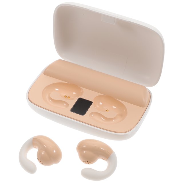 EeaseMX Auriculares inalámbricos de conducción ósea con gancho para la oreja, manos libres, deportivos y con base de carga (beige)