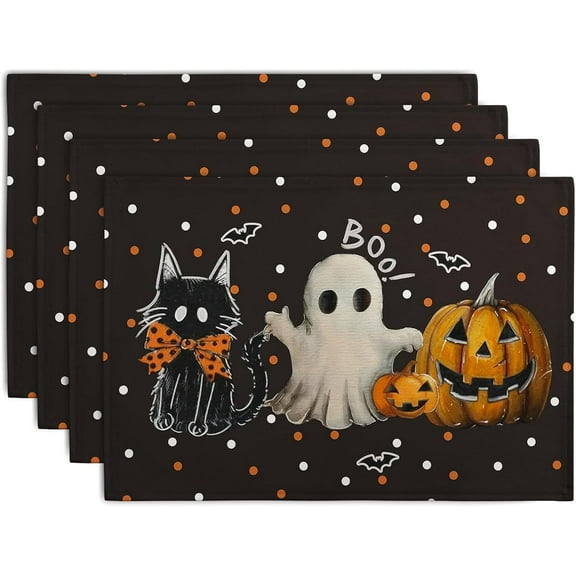 BETEAM Halloween Placemats Set of 6 Fall Line Placemat for Dining Table Washable Kitchen Ghost Table Mats -6 Pcs, HALLOWEEN-01
