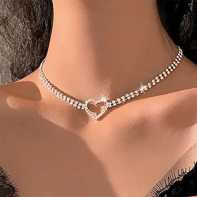 Gargantilla con diamantes de imitación, collares de corazón de plata, gargantillas de cristal de mariposa, cadena de tenis brillante, joyería para el cuello para mujeres y niñas