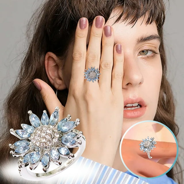 Fiudx Anillo Azul, Joy Of Artesanal de Aleación, Anillo con Diseño de Girasol, Accesorio de Moda para El Día a Día, Estilo Femenino, Material Hipoalergénico.
