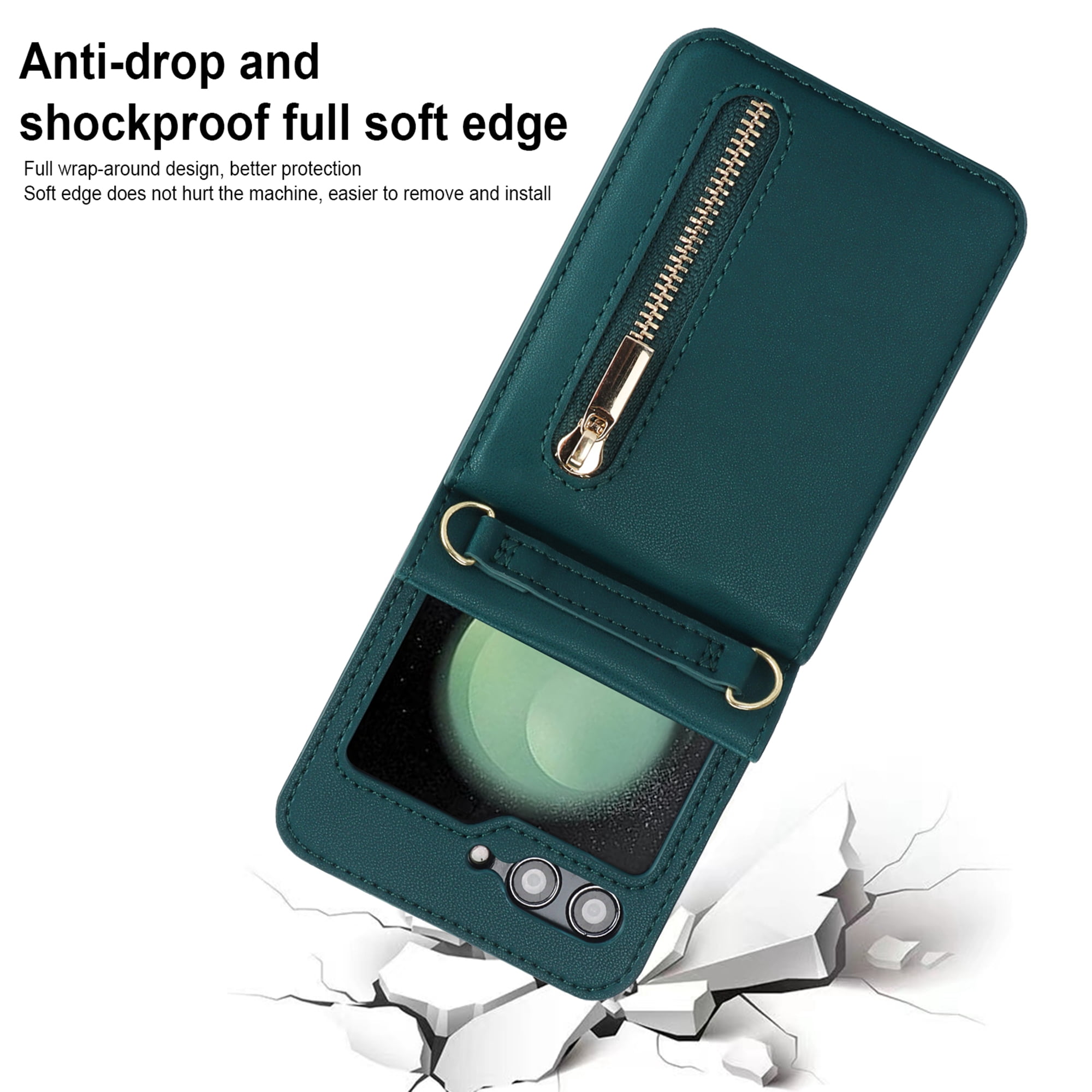 Decase for Samsung Galaxy Z Flip 5 Luxury Zipper Wallet Phone Case, Multi-Function Kickstand Card Holder Adjustable Fashion Flip Cover Case with Crossbody Strap for Samsung Z Flip 5 5G,Darkgreen