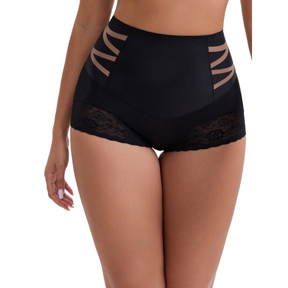 INSPIRE CHIC Women's High-Waisted Tummy Control Butt Lifting Briefs Lace Trim Comfortable and Breathable Panties M Black
