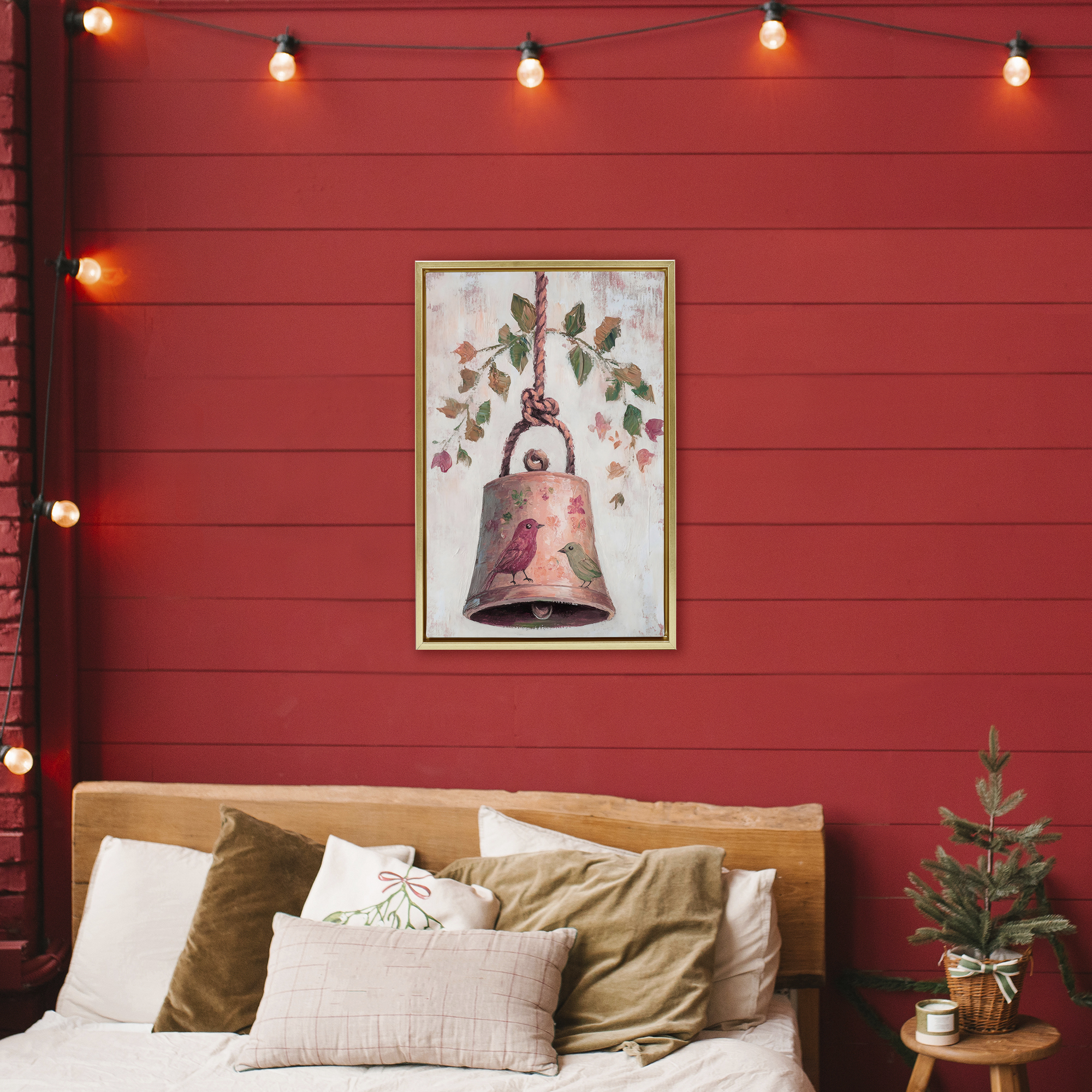 Vintage Christmas Bell Gold Framed Floater Canvas Wall Art, design by Petal Prints Design