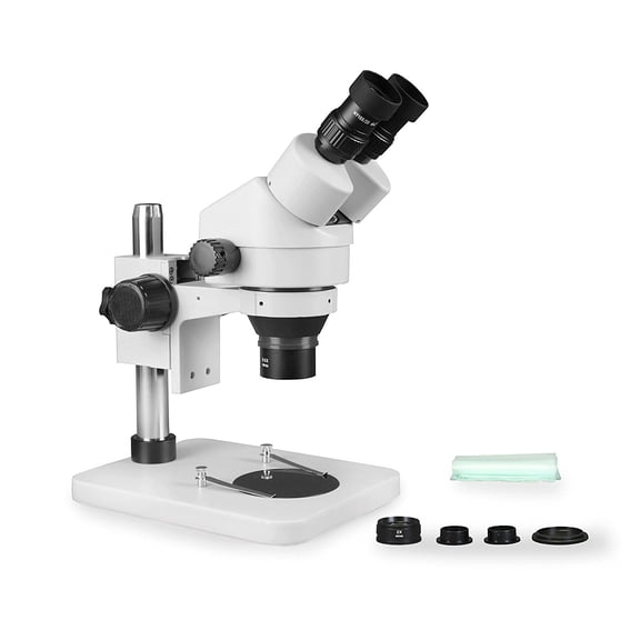 Vision Scientific  VS-1EZ  Binocular Zoom Stereo Microscope, 10x Widefield Eyepiece, 0.7x—4.5x Zoom Range, 3.5x—90x Magnification Range, 0.5x & 2x Auxiliary Lens, Pillar Stand