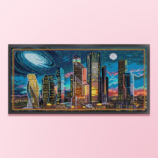 Cuadros Decorativos Bordado completo Hilo de algodón ecológico 14CT Impreso Ciudad Escena nocturna Punto de cruz Wdftyju embutido en tela