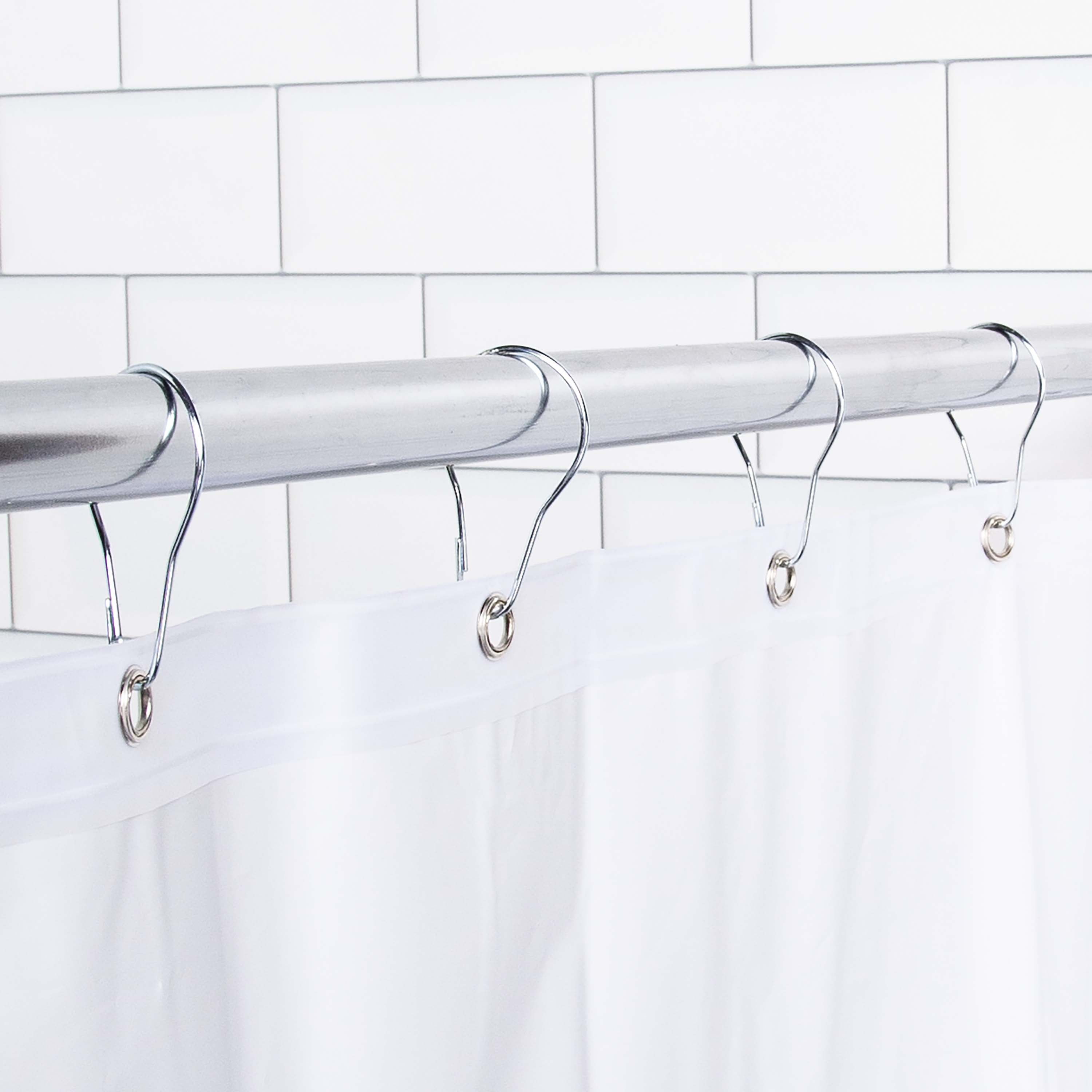 Chrome Flexible Bathroom Shower Curtain Rail Track Pole With Hooks Silver