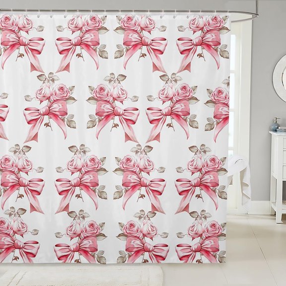 Pink Bow And Rose Floral Shower Curtain for Bathroom Waterproof Fabric 71x71 inches