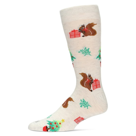 MeMoi Men's Squirrels Holiday Crew Socks - Mens - Male, 10-13, Oatmeal Heather