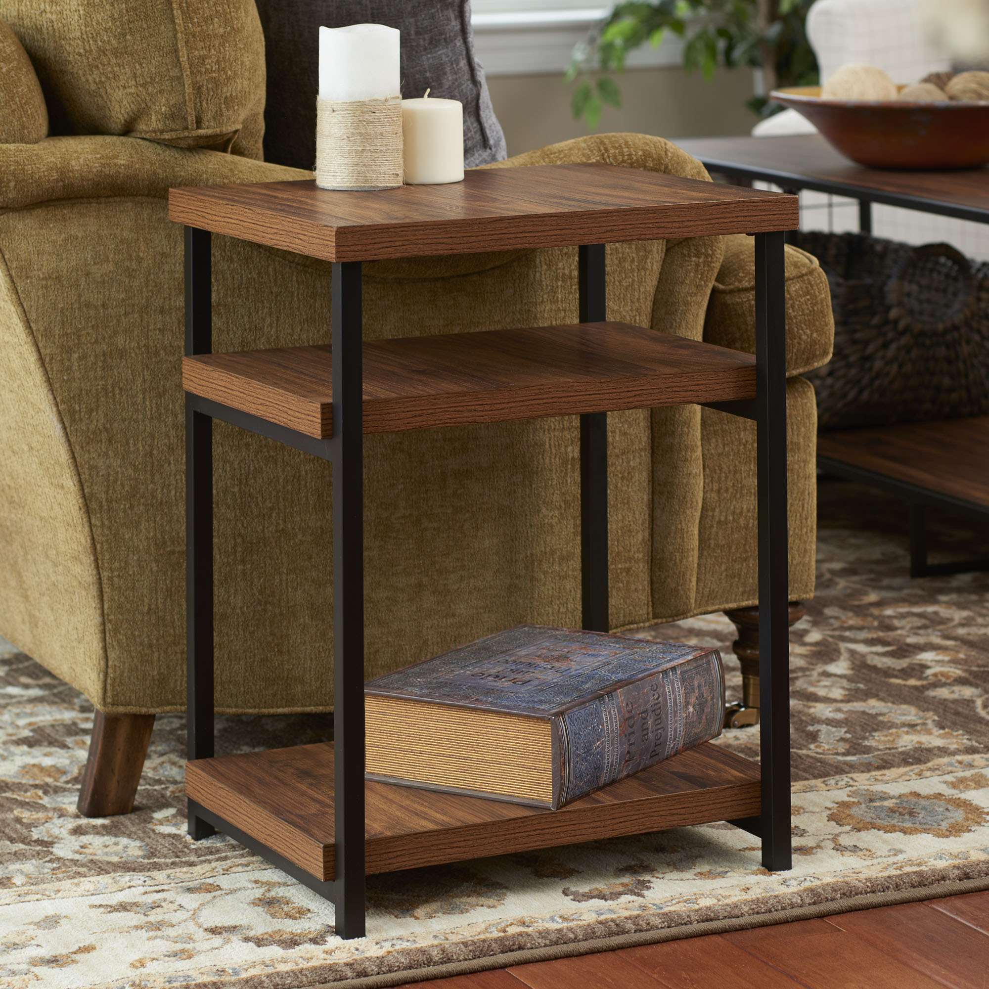 Household Essentials Side Table with 3 Storage shelves in Hickory
