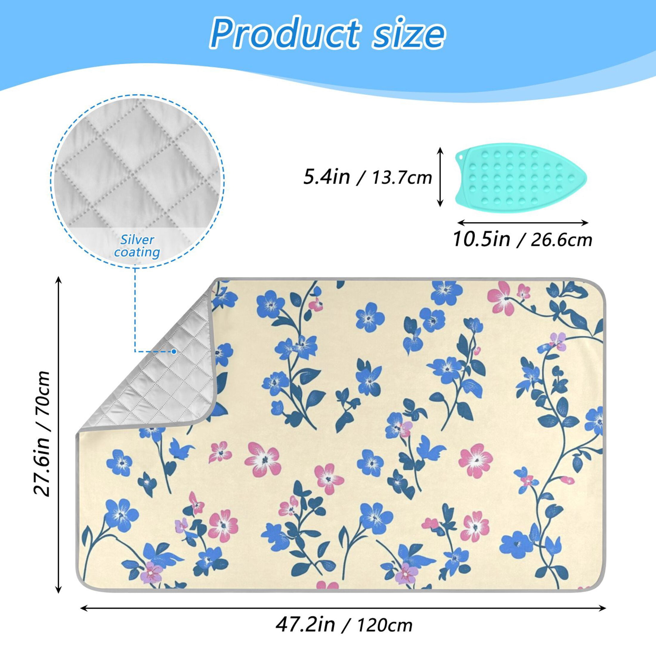Blue Small Floral Ironing Mat Blanket for Table Top Travel Portable Ironing Board Pad 47.2x27.6 Inch