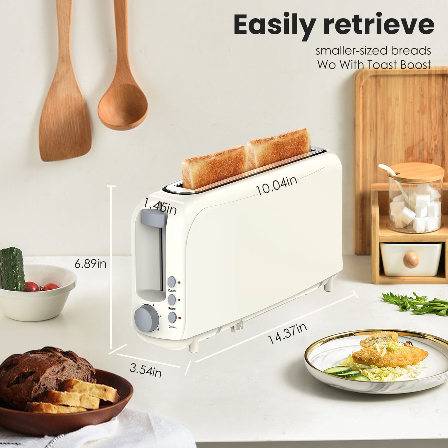 Slim 2-Slice Toaster, 10" Long Slot,6 Shade Settings with Cancel, Reheat & Defrost, Auto Shut off, Removable Crumb Tray，White