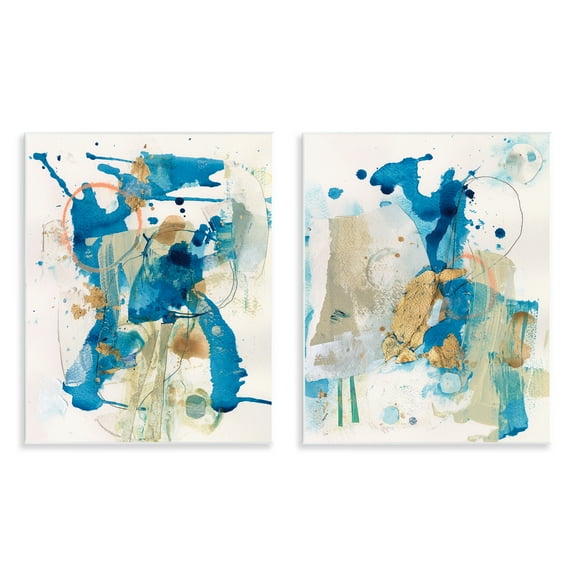 Stupell Industries Abstract Blue Gold Splash Abstract Painting Unframed Art Print Wall Art, 11 x 14, Set of 2
