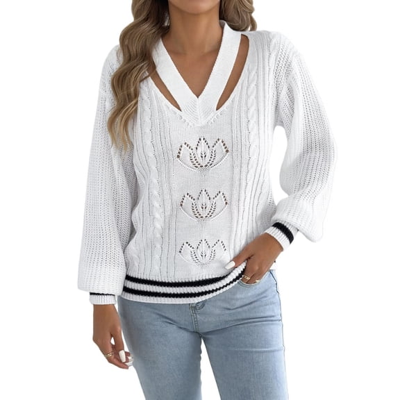 Women Vintage Knit V-Neck Hollow Contrast Stripe Lantern Long Sleeve Loose Knit Pullover Sweater White S