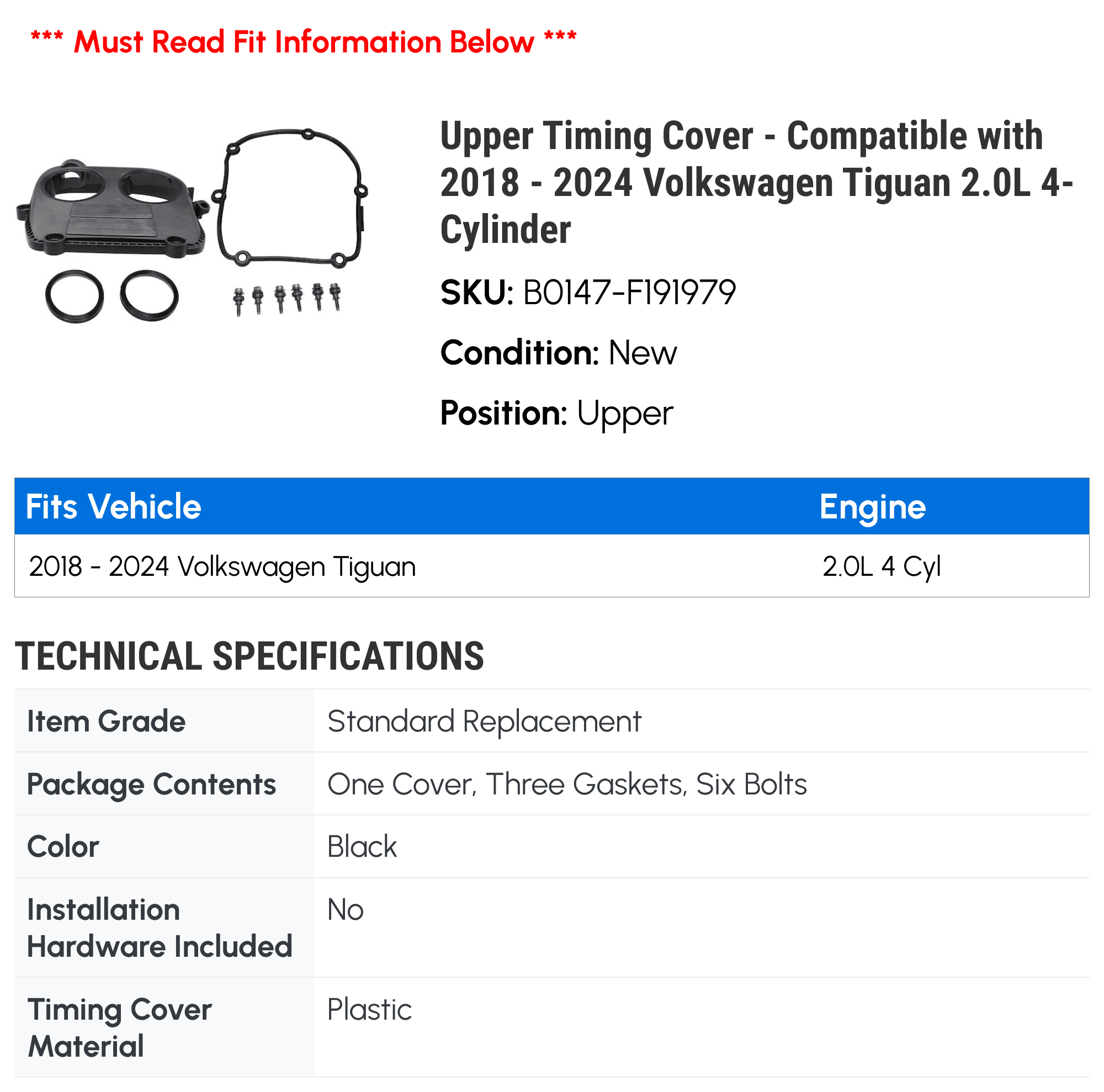 Upper Timing Cover - Compatible with 2018 - 2024 Volkswagen
