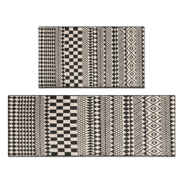 Upgrade Your Kitchen Decor with Non-Slip Black Boho Kitchen Rug Set - Black & White 2-Piece Mats, Easy to Wash, Perfect for Floors