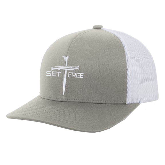 Trenz Shirt Company Christian Set Free Cross Embroidered Mens Adjustable Snapback Mesh Back Trucker Hat, Sports Grey/White