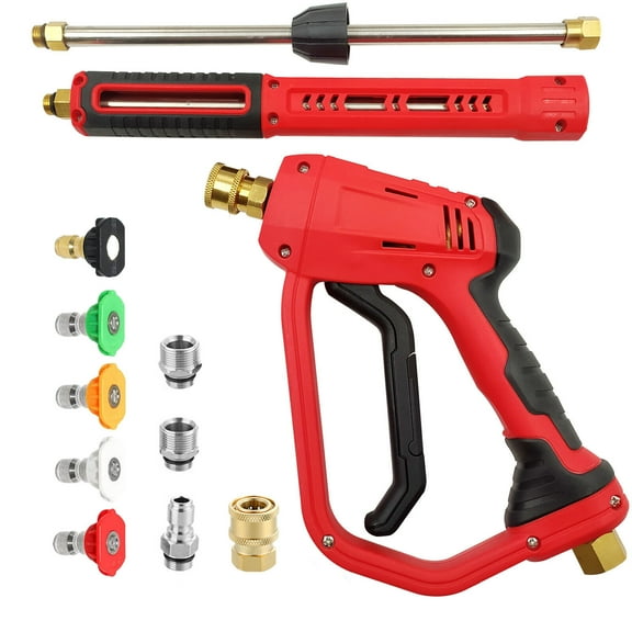 Pressure Washer Gun, Red High Power Washer Gun with Replacement Wand Extension, 5 Nozzle Tips, M22 Fittings, 4000 PSI