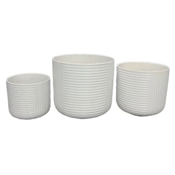 Planter Set of 3, White Ceramic, Ribbed Texture Pots, 12 10 8 Inch