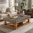 thumbnail image 3 of Weston Home Galvin Rustic Coffee Table with Tufted Linen Top and Wood Base, Grey, 3 of 10
