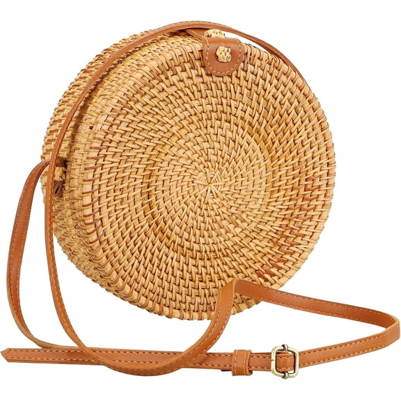 Handwoven Round Rattan Purse for Women, Adjustable Leather Strap, Boho Straw Beach Bag, Lightweight & Durable for Travel, Wedding,