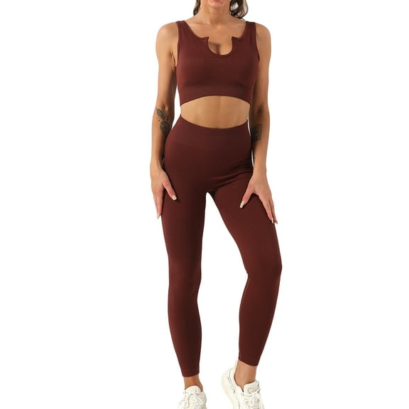 SWSMCLT Women's 2 Piece Outfits Crop Tank Tops and Athletic Workout 2Pcs Sexy Lounge Sets High Waisted Leggings Yoga Set Seamless Sporty U Neck Activewear Coffee Medium