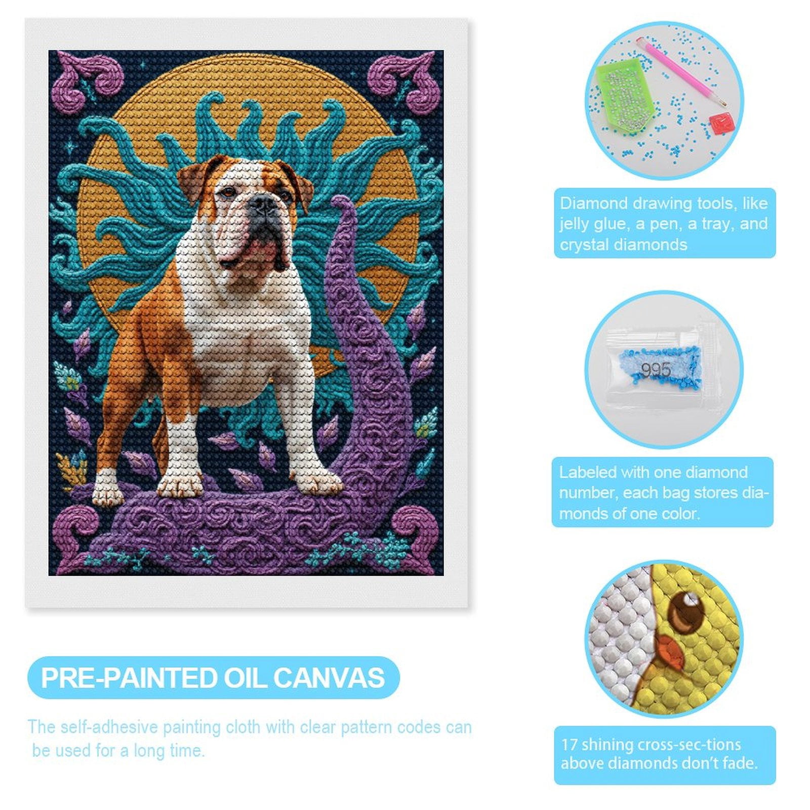 Diamond Art Kits for Adults, Bulldog Sunburst Purple Swirls 5D Diamond Painting Kits for Adults Beginners, DIY Full Drill Diamond Painting, Gem Art and Crafts 12x16