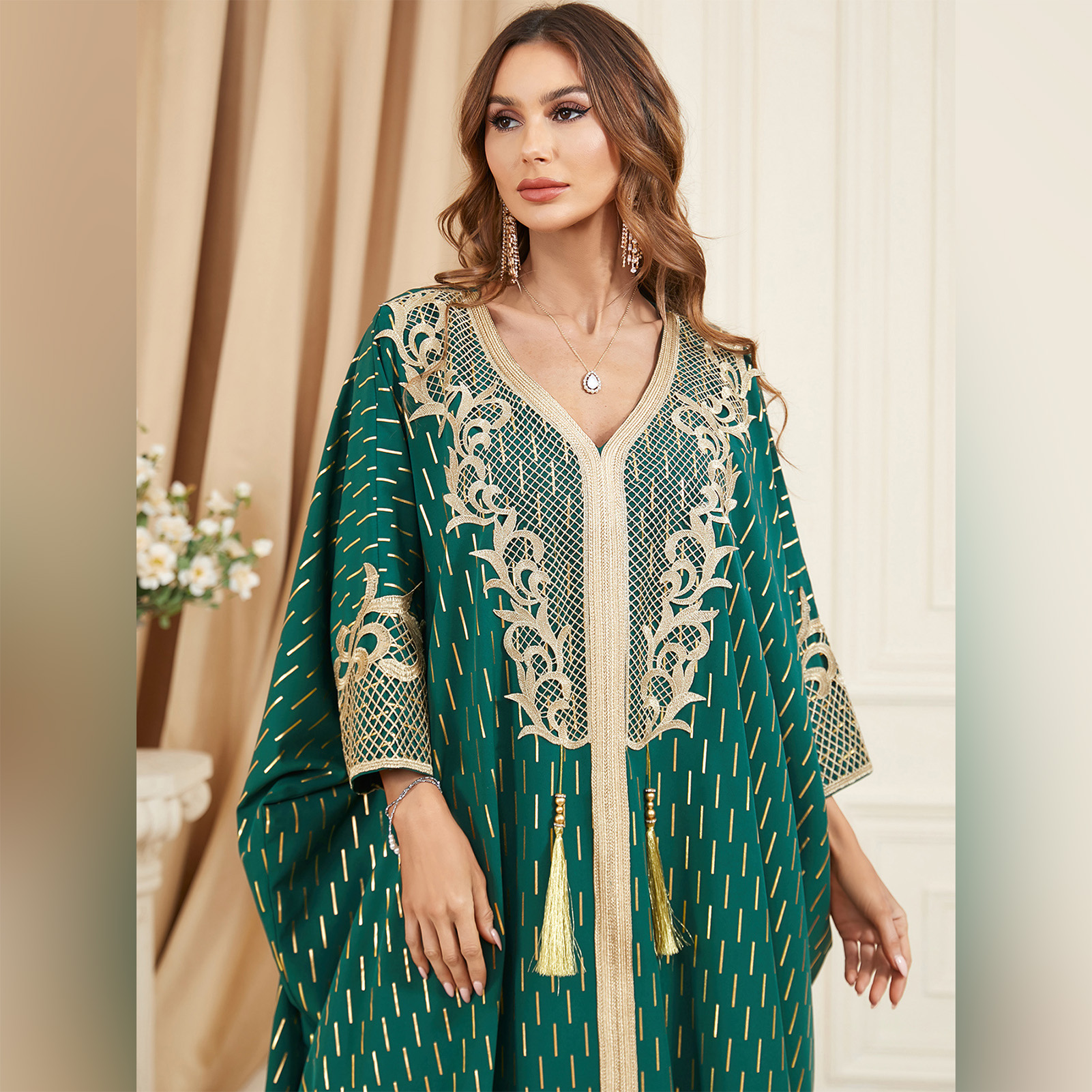 Green Floral Kaftan Dress For Women - V Neck Batwing Sleeve Islamic Robe, Pakistani Eid Ramadan Wedding Dress, One Size