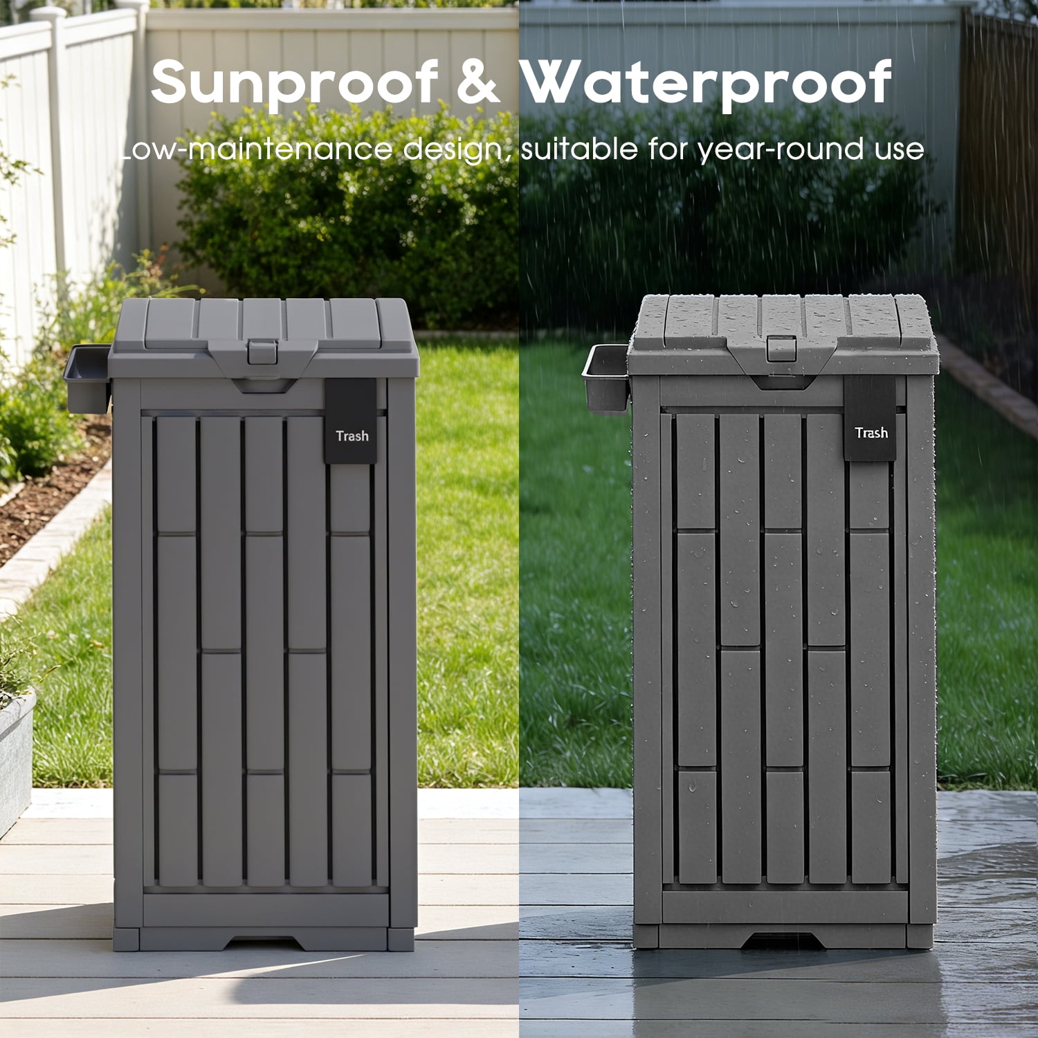 FDW 30 gal Outdoor Garbage Can with Lid, Ashtray & Removable Tray, Waterproof PP Resin Trash Bin for Patio, Garden, Backyard