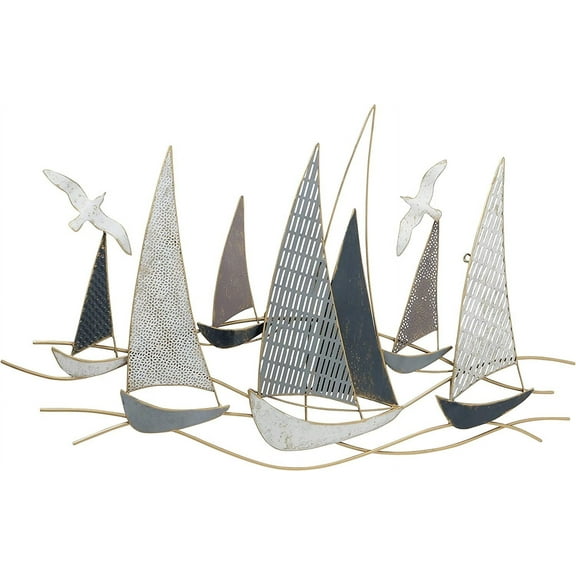 Rustic Regatta Sail Boats, Abstract Modern Art, Gold, Blue, Grey and White, Distressed Metal, Wall Sculpture, 42.5 W x 26 .75 H Inches (108.0 W x 68.0 H cm) Cape Cod Collection
