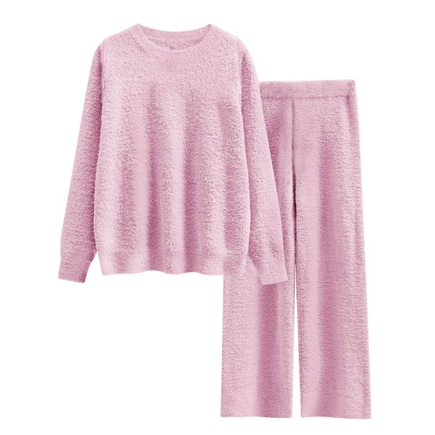 Puntoco Conjuntos de pijama cómodos para mujer Conjuntos de pijama de polar mullido para mujer Conjuntos de 2 piezas Conjunto de manga larga con pantalones anchos Conjunto a juego Otoño Invierno 2