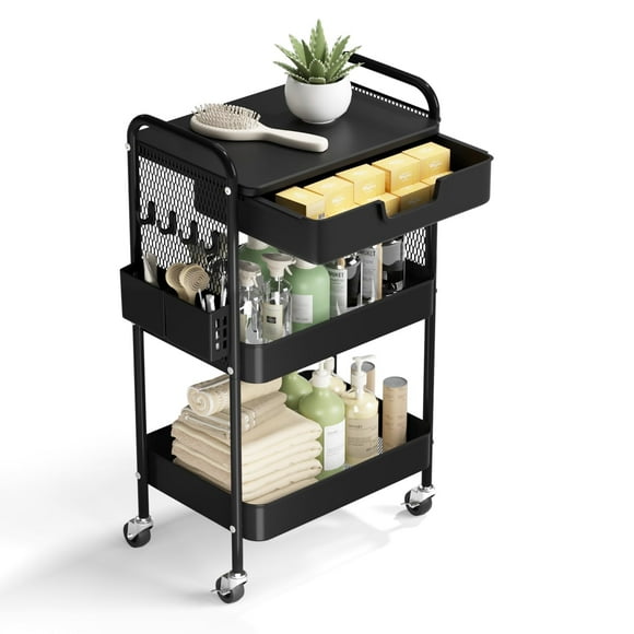 Rolling Cart HIDODO de 3 niveles con cajón de metal y tablero perforado negro