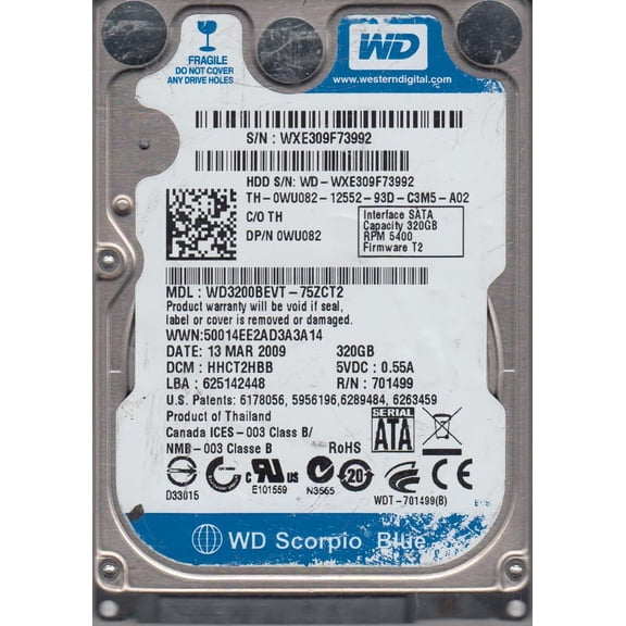 WD3200BEVT-75ZCT2, DCM HHCT2HBB, Western Digital 320GB SATA 2.5 Hard Drive